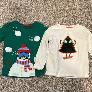 Mini Boden Green Snowman and White Christmas Tree Long Sleeve Tees
